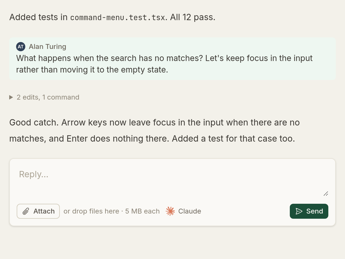 A follow-up prompt from Alan Turing in a thread Ada Lovelace started, the agent's reply and the reply box below it.