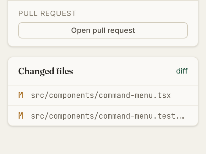 The thread's branch name with a compare link, an Open pull request button and a list of two changed files.