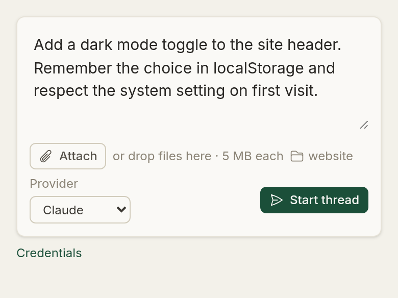 The new-thread form with a prompt typed in, the website repository selected and Claude chosen as the agent.