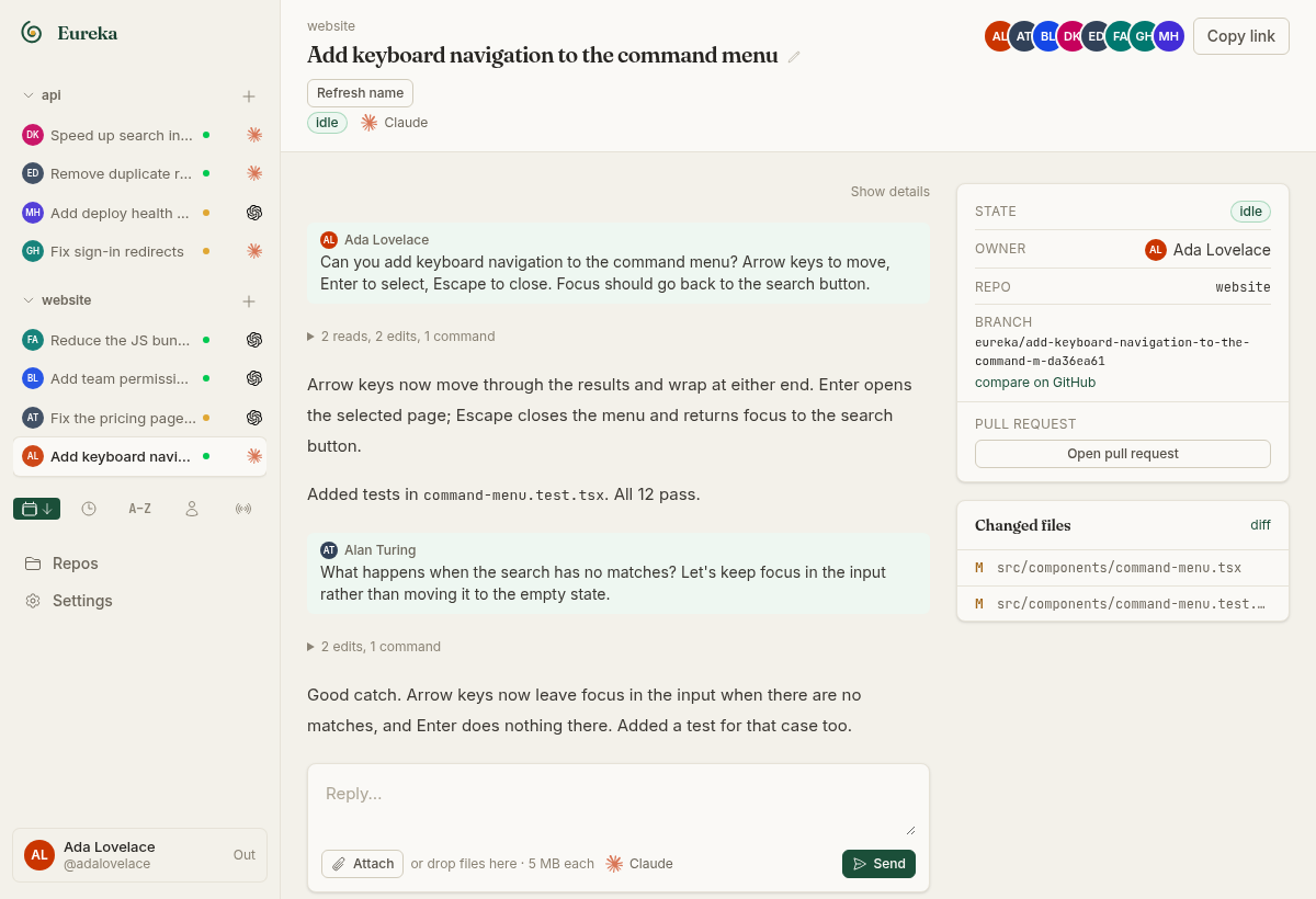 A Eureka thread. Ada Lovelace asked for keyboard navigation in a command menu, the agent replied with what it changed and Alan Turing sent a follow-up. Eight members are present and the sidebar lists the team's threads by repository. Sample data.